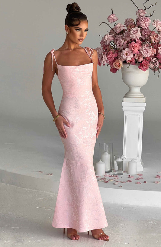 Vestido Maxi Rosa Jacquard Drapeado Valentina