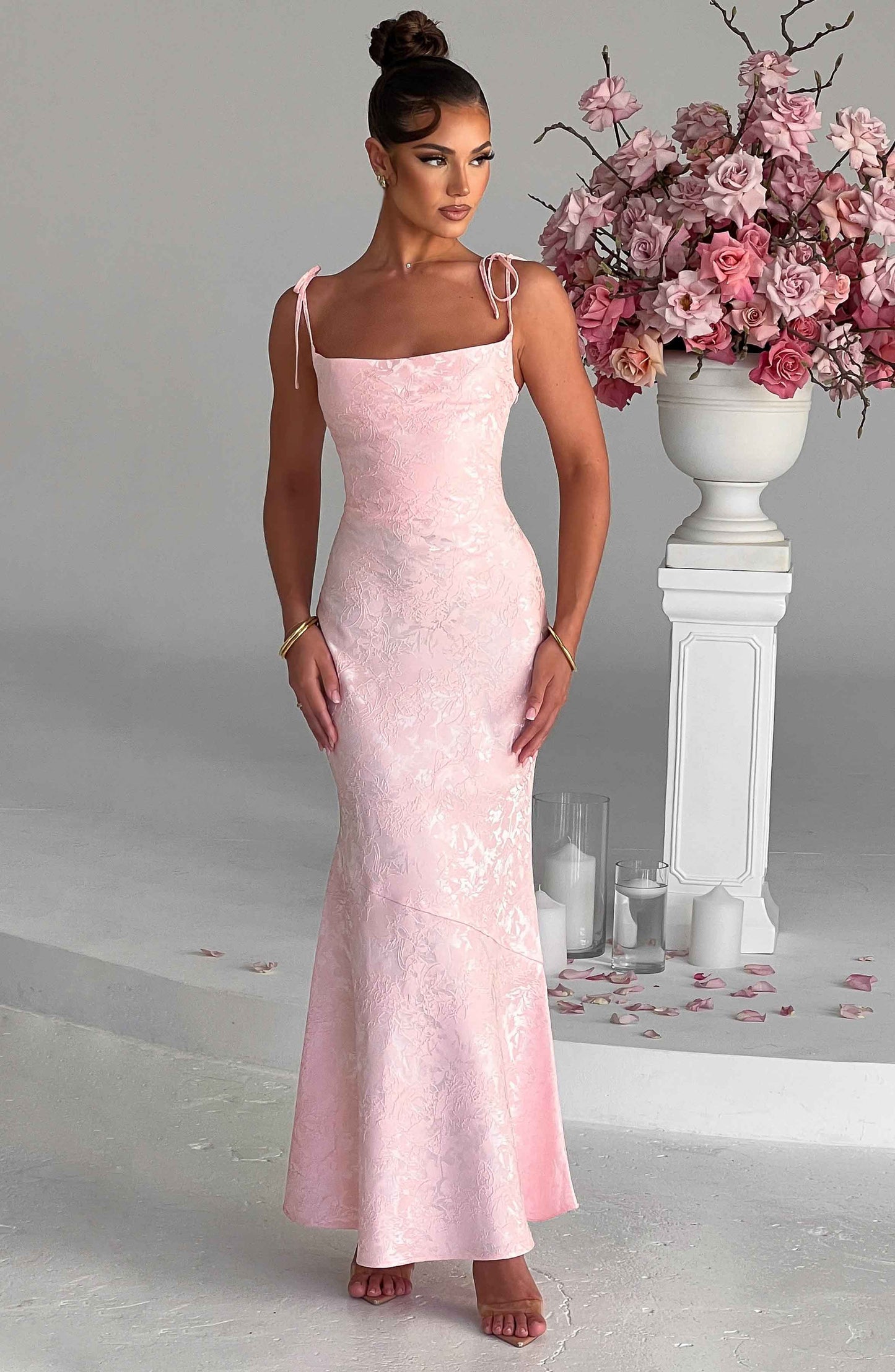 Vestido Maxi Rosa Jacquard Drapeado Valentina