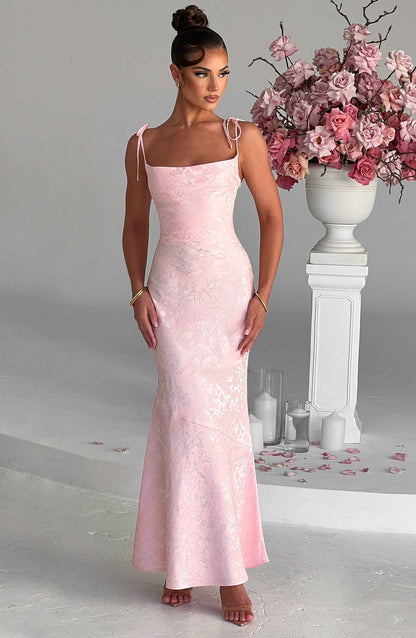 Vestido Maxi Rosa Jacquard Drapeado Valentina