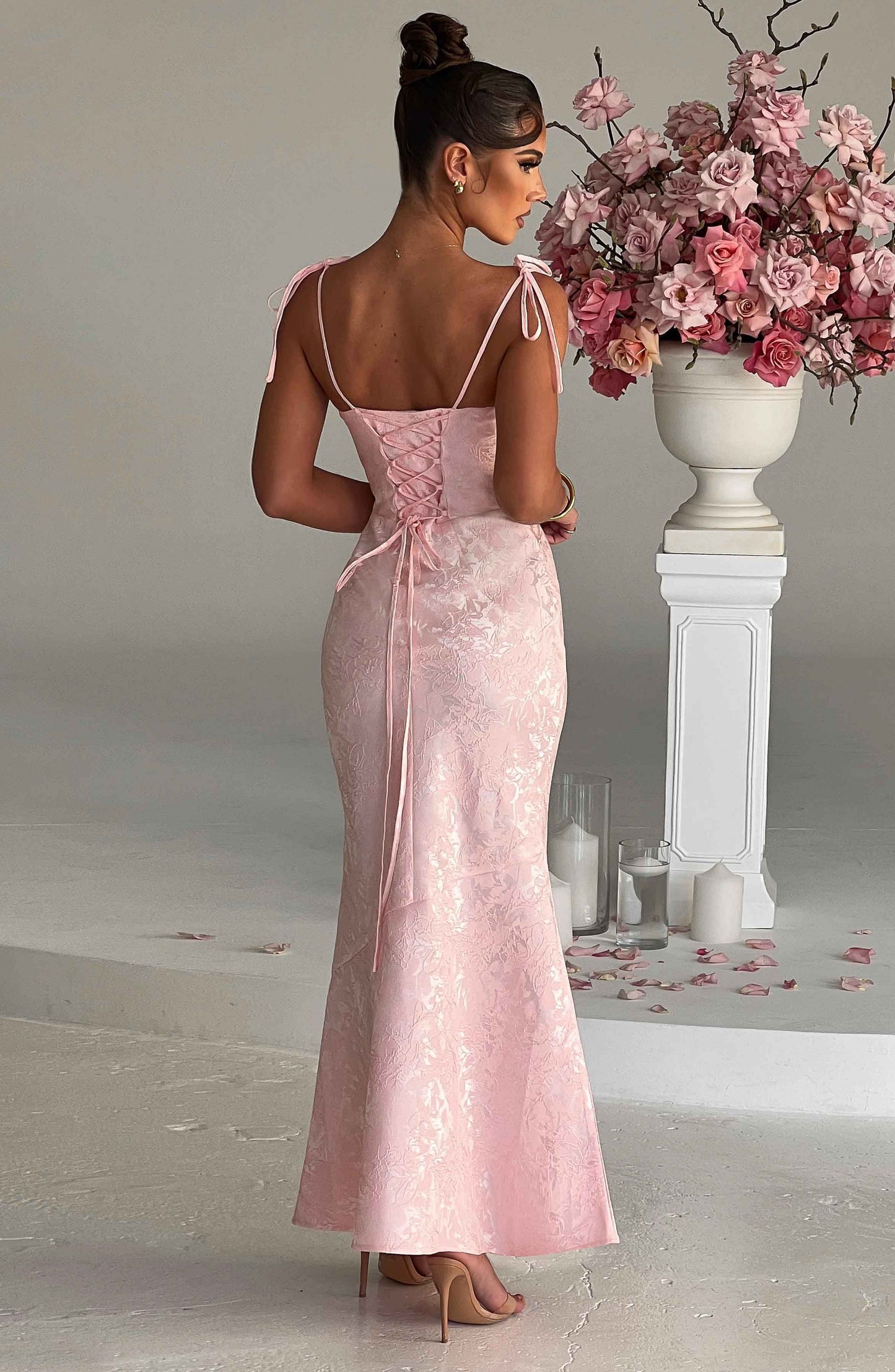 Vestido Maxi Rosa Jacquard Drapeado Valentina