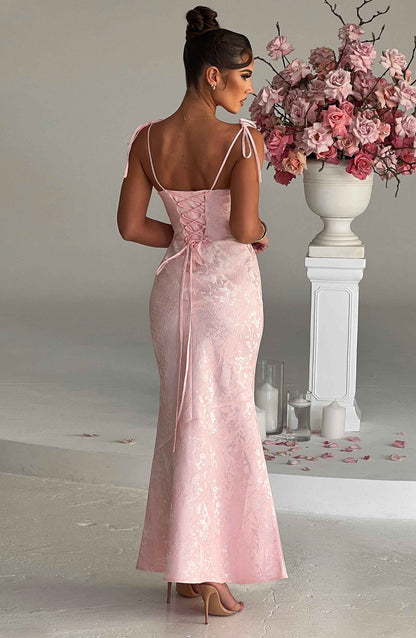 Vestido Maxi Rosa Jacquard Drapeado Valentina