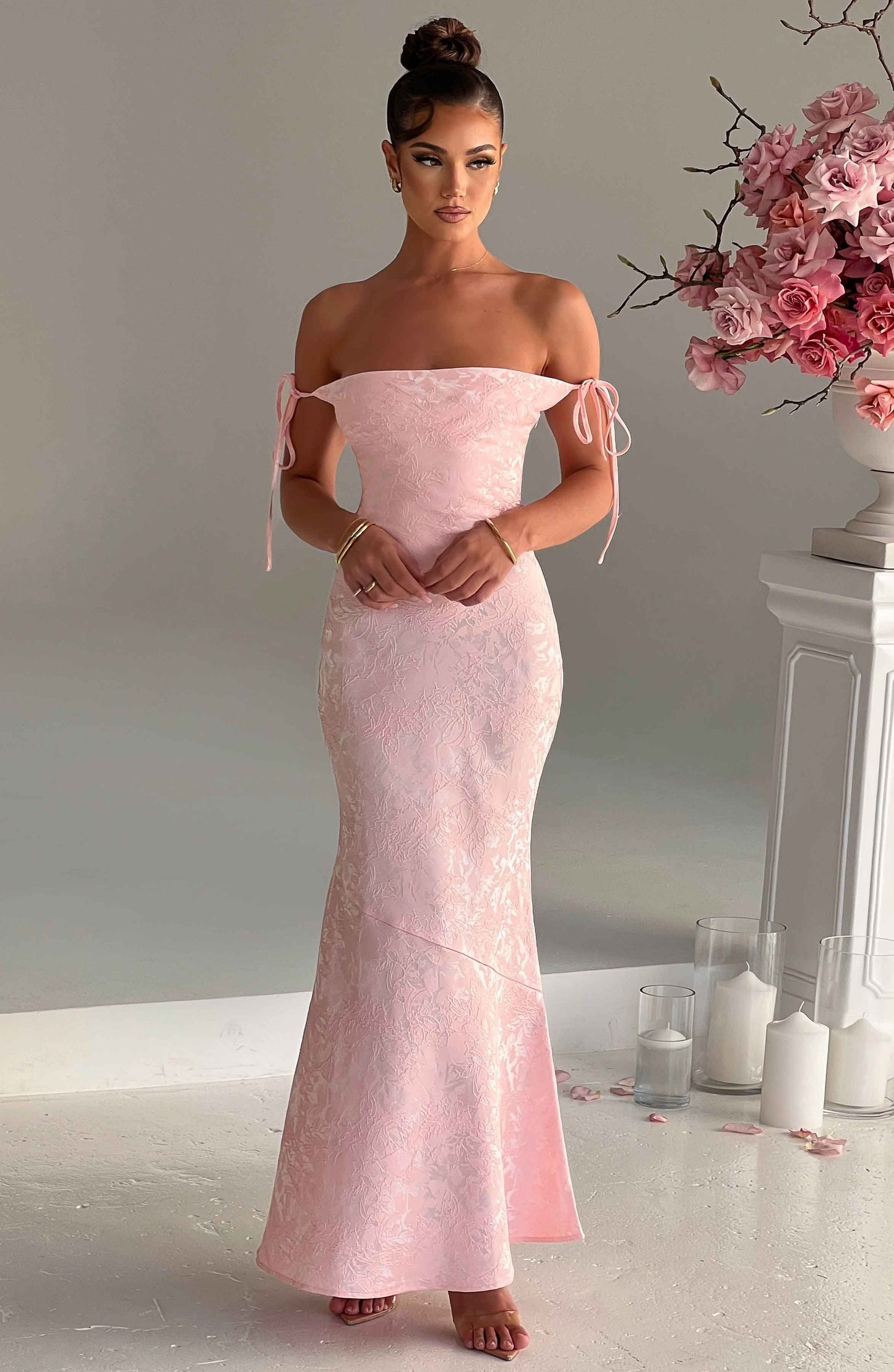 Vestido Maxi Rosa Jacquard Drapeado Valentina