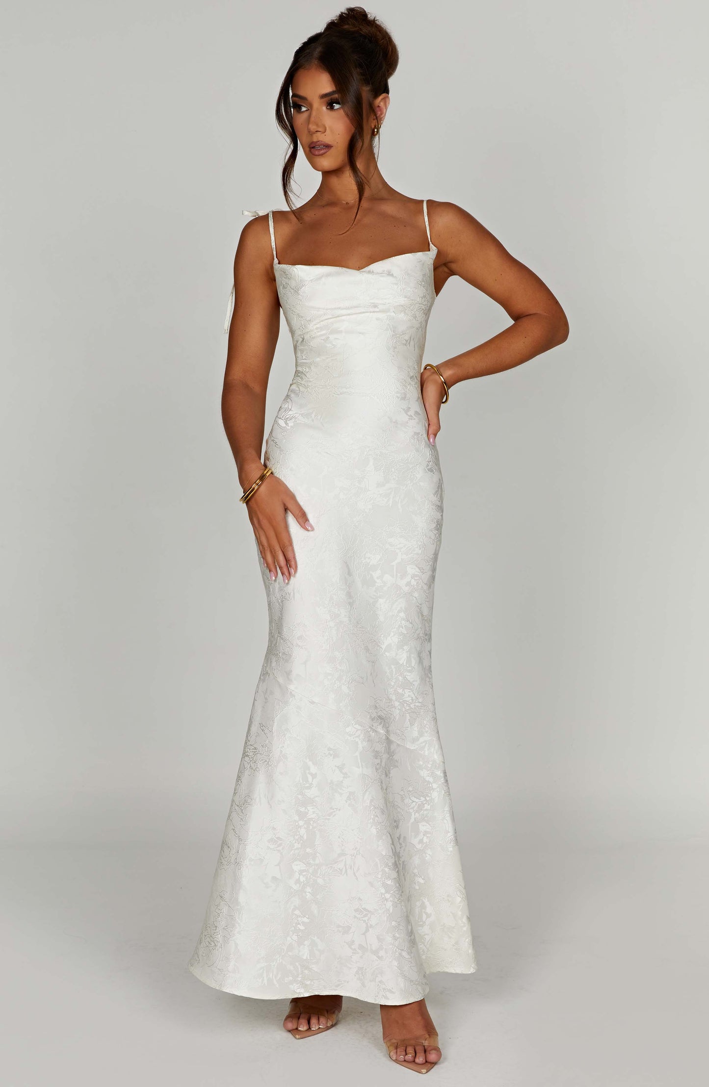 Vestido Maxi Marfil Jacquard Drapeado Valentina