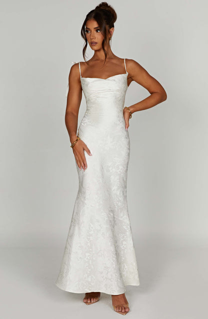 Vestido Maxi Marfil Jacquard Drapeado Valentina