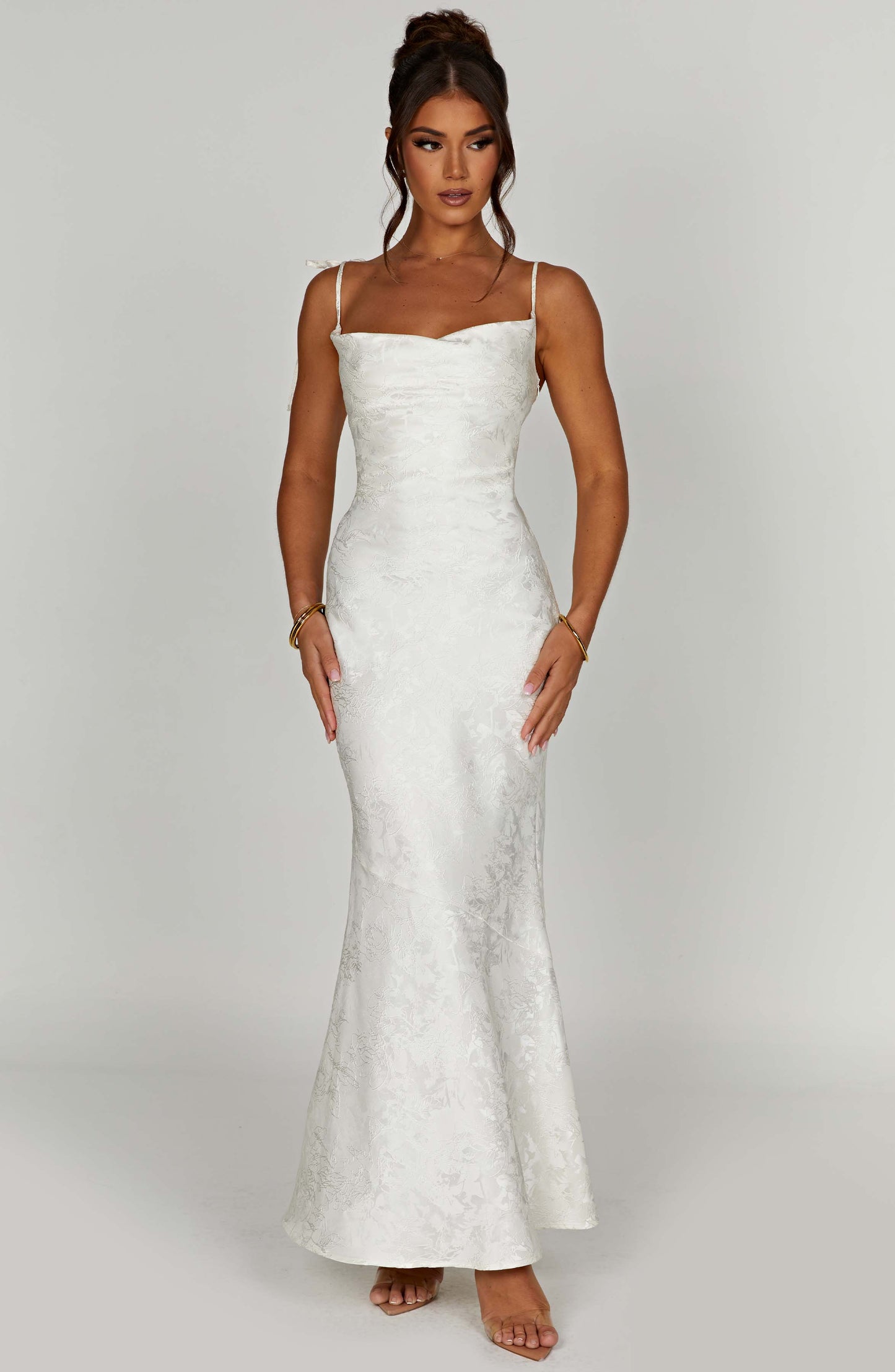 Vestido Maxi Marfil Jacquard Drapeado Valentina