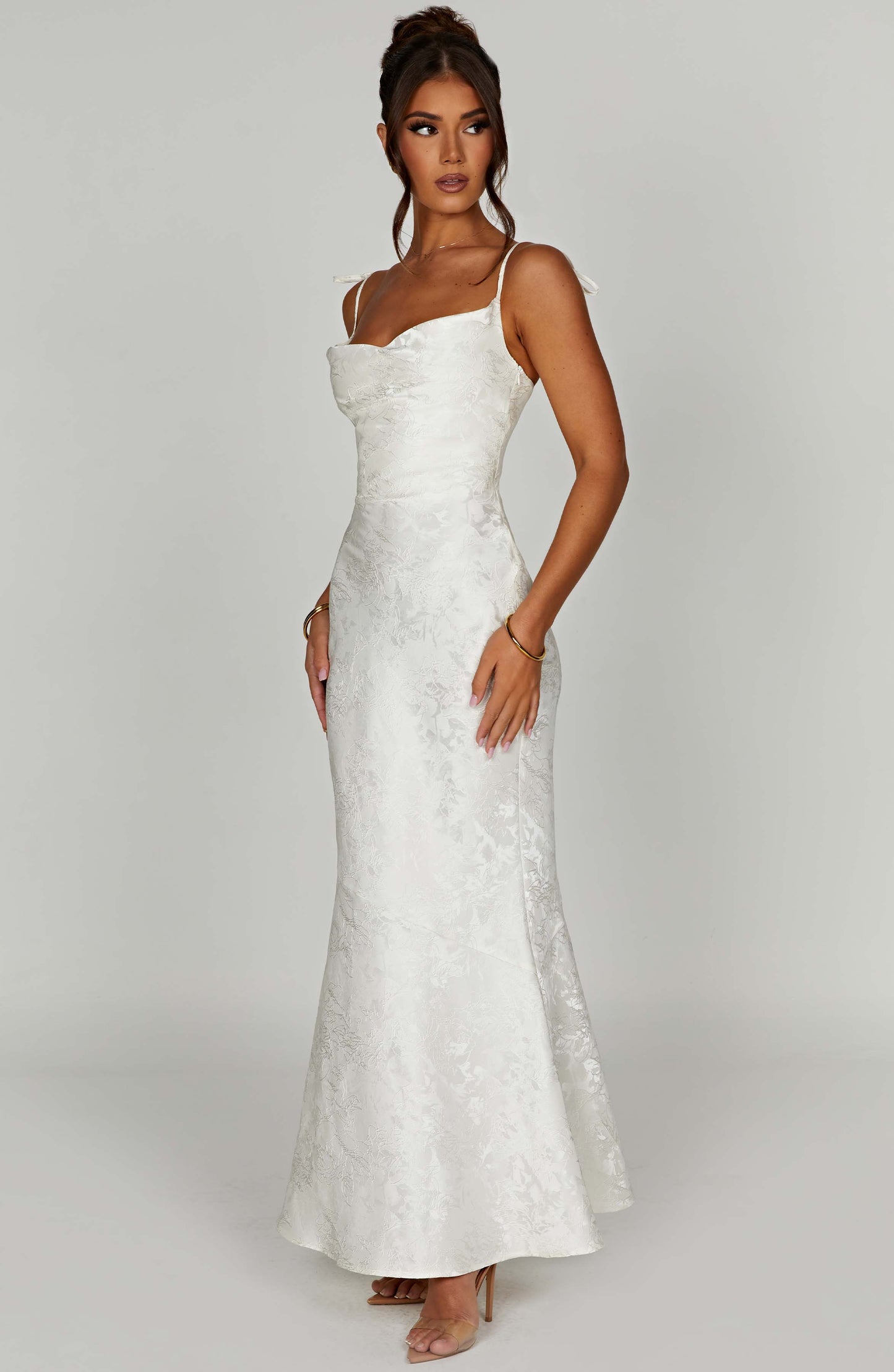 Vestido Maxi Marfil Jacquard Drapeado Valentina