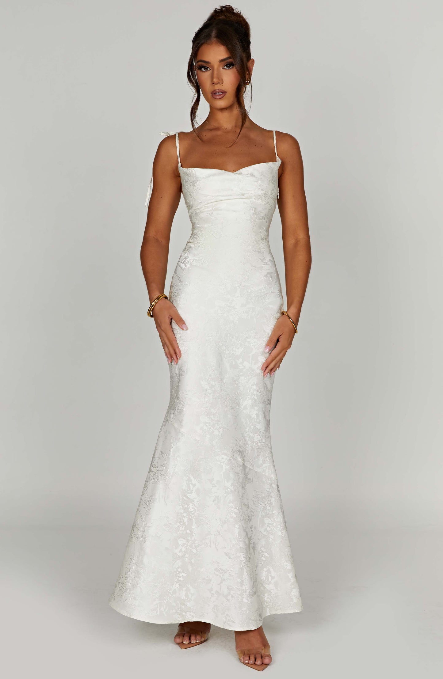 Vestido Maxi Marfil Jacquard Drapeado Valentina