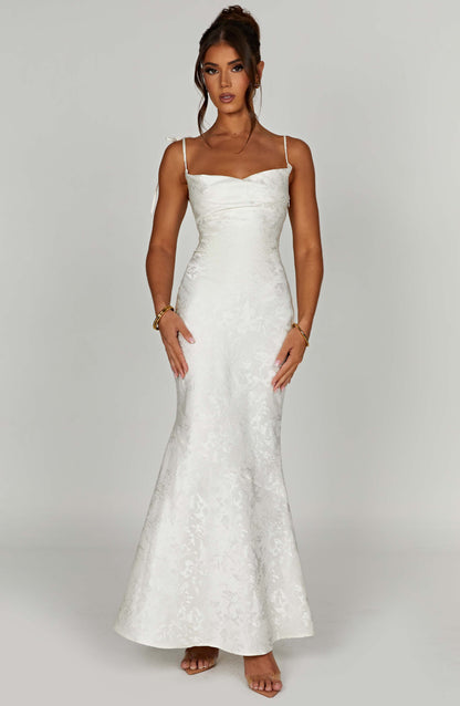 Vestido Maxi Marfil Jacquard Drapeado Valentina