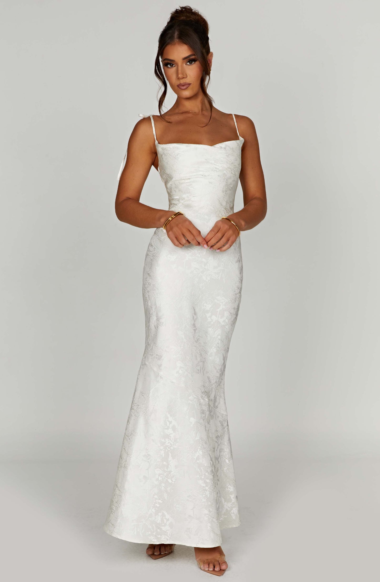 Vestido Maxi Marfil Jacquard Drapeado Valentina