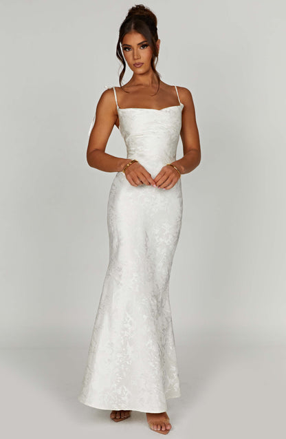 Vestido Maxi Marfil Jacquard Drapeado Valentina