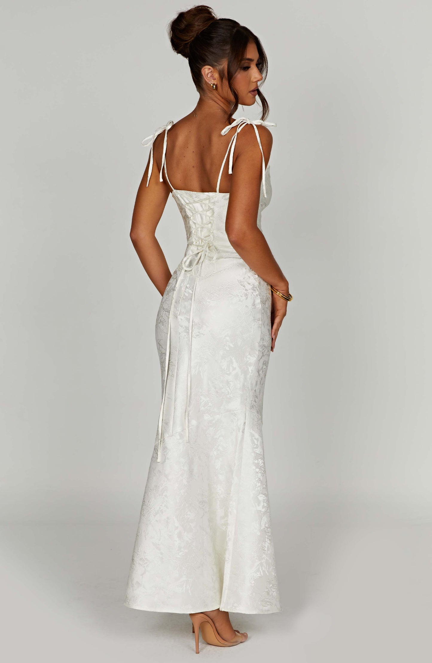 Vestido Maxi Marfil Jacquard Drapeado Valentina