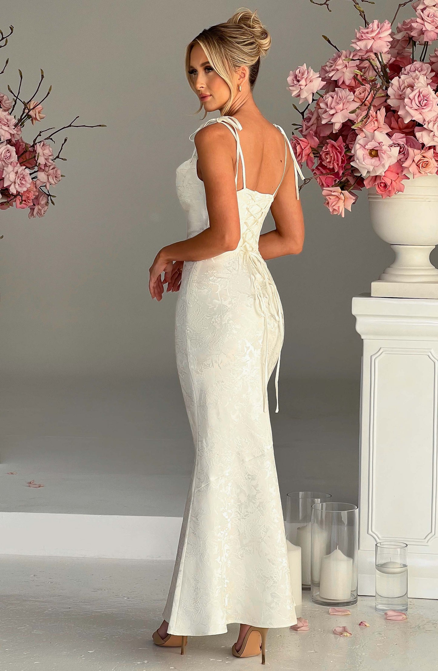 Vestido Maxi Marfil Jacquard Drapeado Valentina