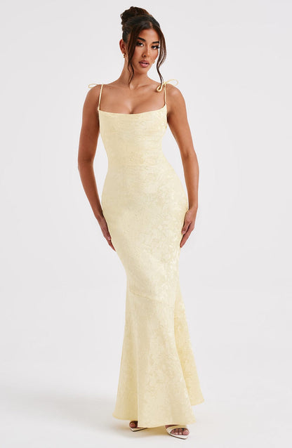 Vestido Maxi Amarillo Jacquard Drapeado Valentina