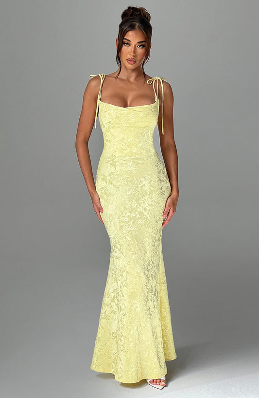 Vestido Maxi Amarillo Jacquard Drapeado Valentina
