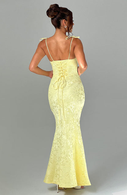 Vestido Maxi Amarillo Jacquard Drapeado Valentina