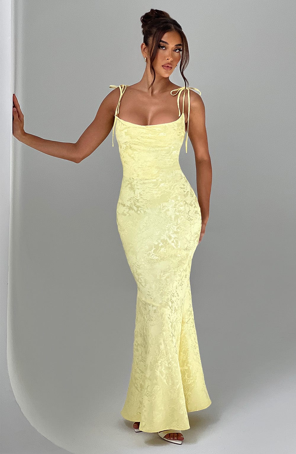 Vestido Maxi Amarillo Jacquard Drapeado Valentina