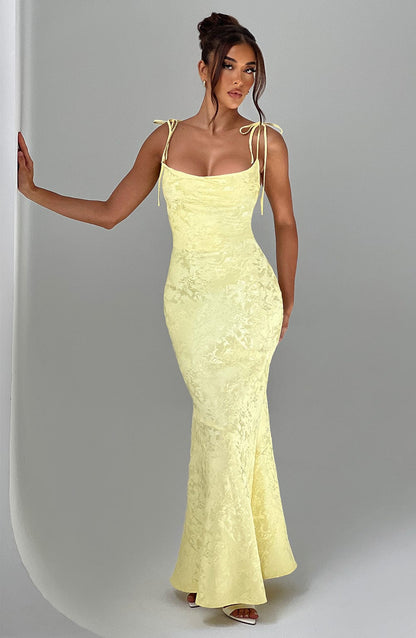 Vestido Maxi Amarillo Jacquard Drapeado Valentina