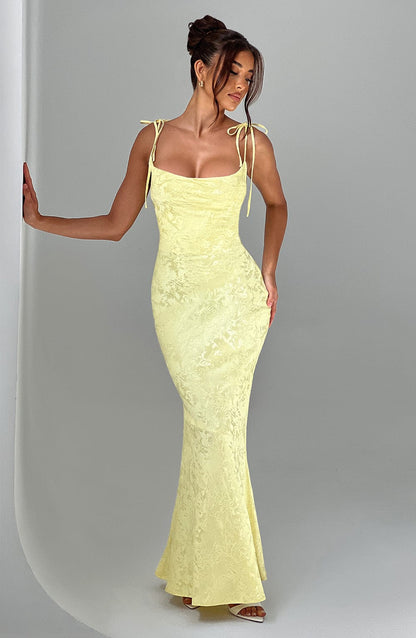 Vestido Maxi Amarillo Jacquard Drapeado Valentina