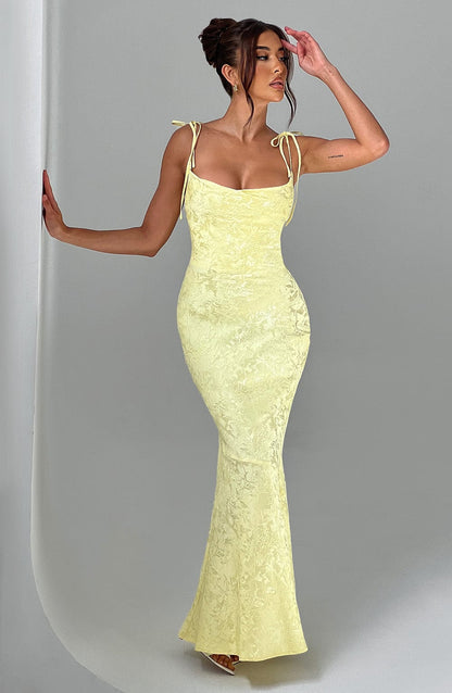 Vestido Maxi Amarillo Jacquard Drapeado Valentina