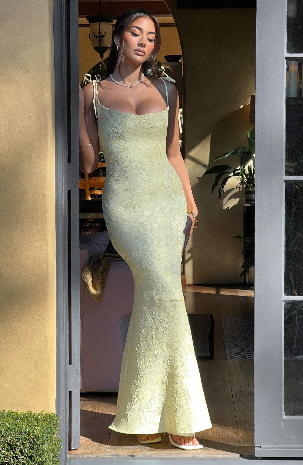 Vestido Maxi Amarillo Jacquard Drapeado Valentina