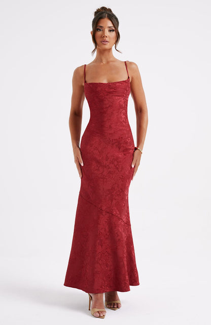 Vestido Maxi Rojo Jacquard Drapeado Valentina