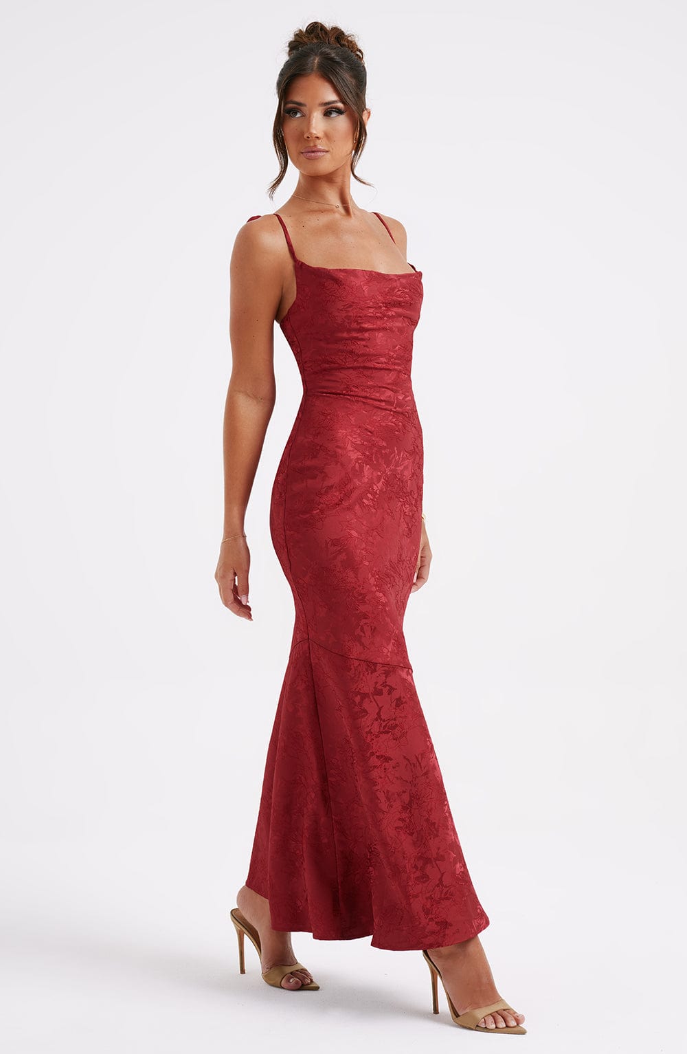 Vestido Maxi Rojo Jacquard Drapeado Valentina