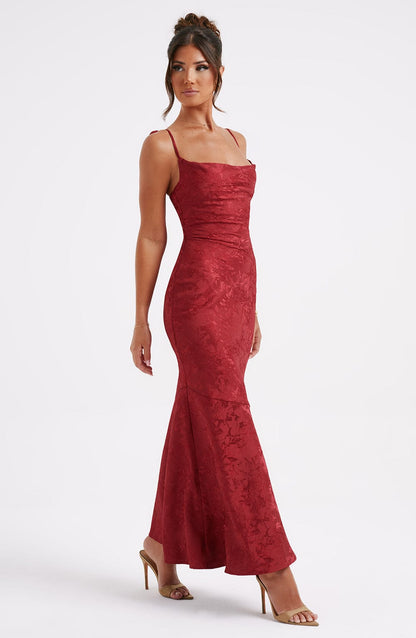 Vestido Maxi Rojo Jacquard Drapeado Valentina