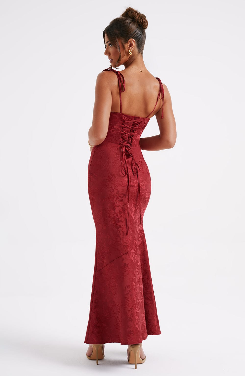 Vestido Maxi Rojo Jacquard Drapeado Valentina
