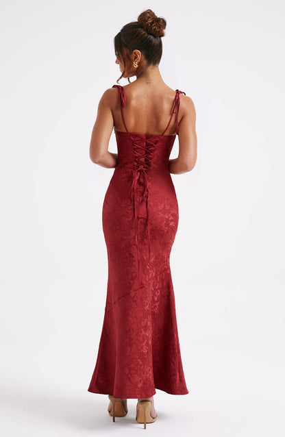 Vestido Maxi Rojo Jacquard Drapeado Valentina