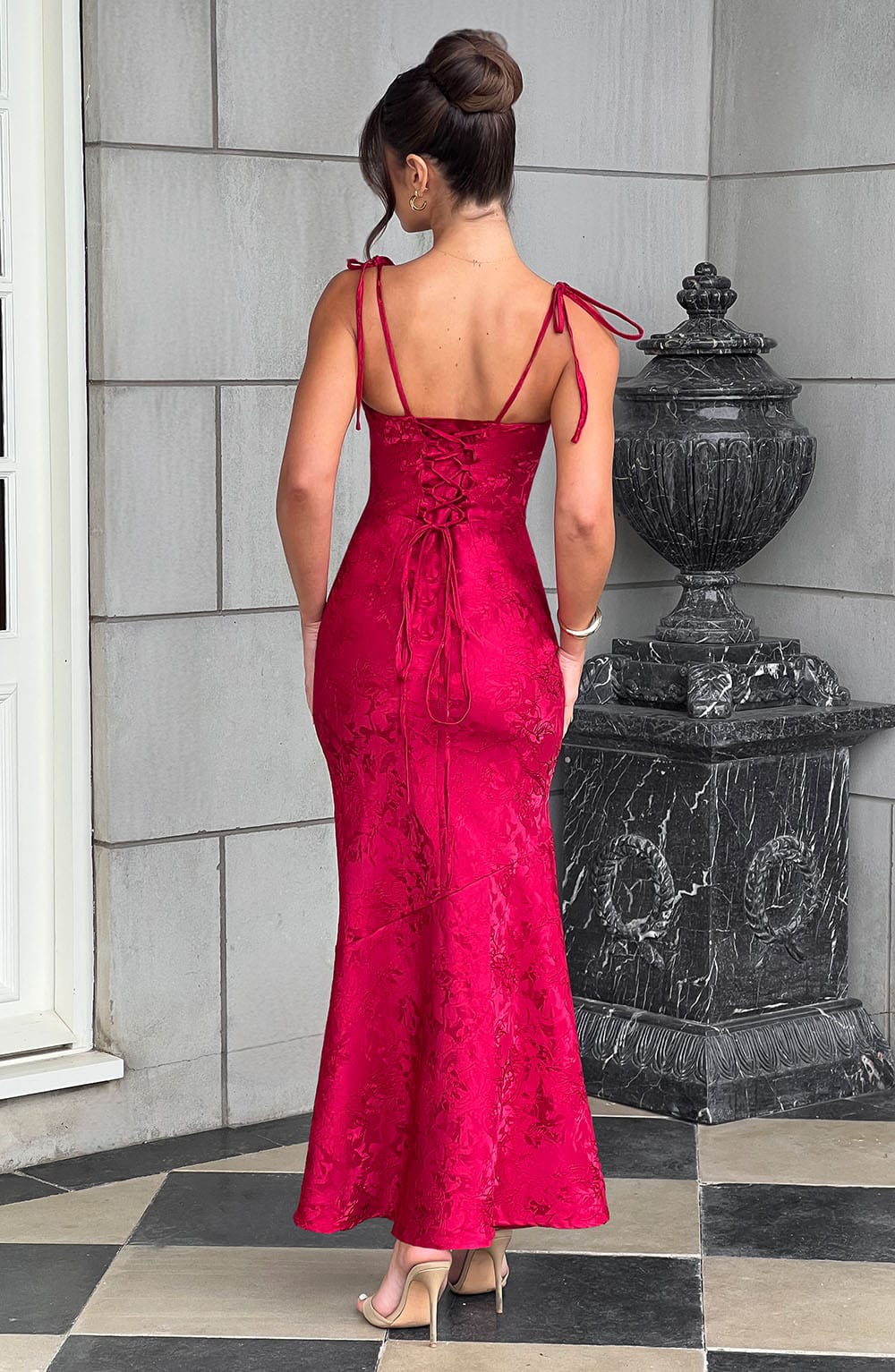 Vestido Maxi Rojo Jacquard Drapeado Valentina