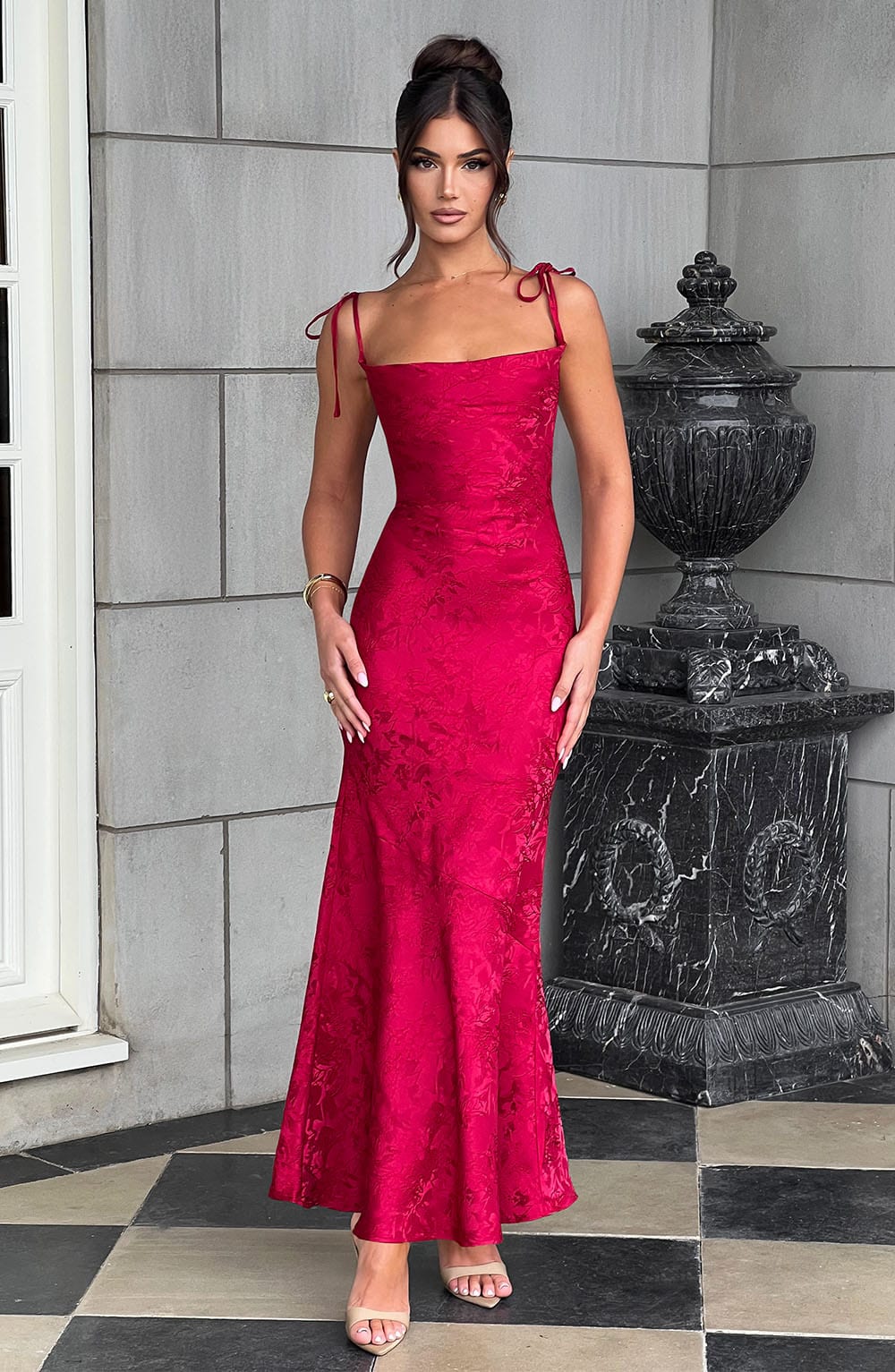 Vestido Maxi Rojo Jacquard Drapeado Valentina