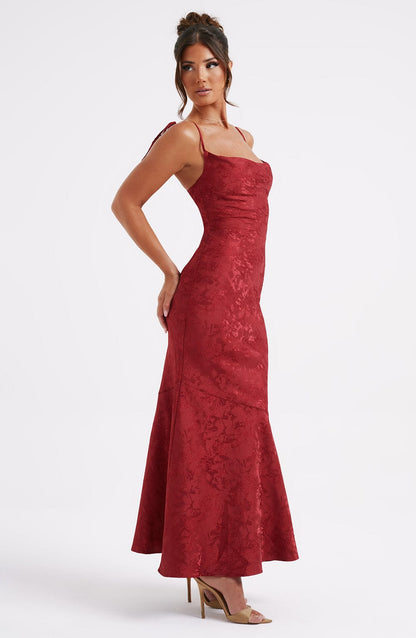 Vestido Maxi Rojo Jacquard Drapeado Valentina