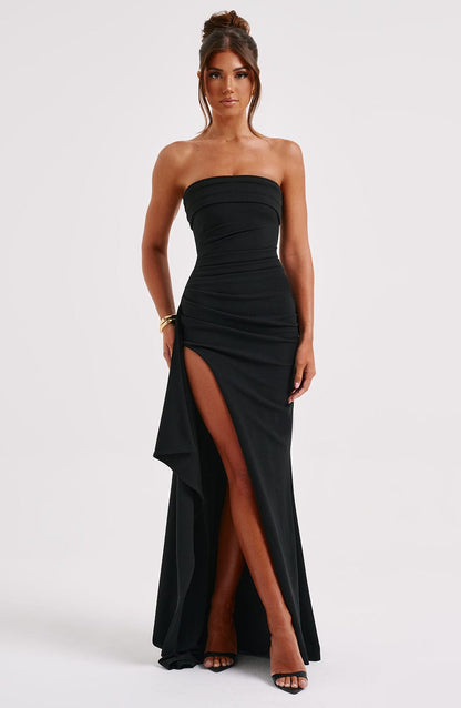 Vestido Maxi Negro Crepé Drapeado Zafira
