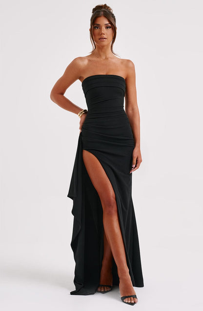 Vestido Maxi Negro Crepé Drapeado Zafira